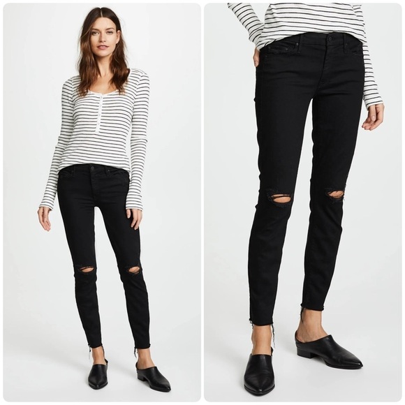 New! Mother Looker Ankle Fray Distressed Black Skinny Jeans in Guilty in Sin🖤25 - Picture 3 of 9